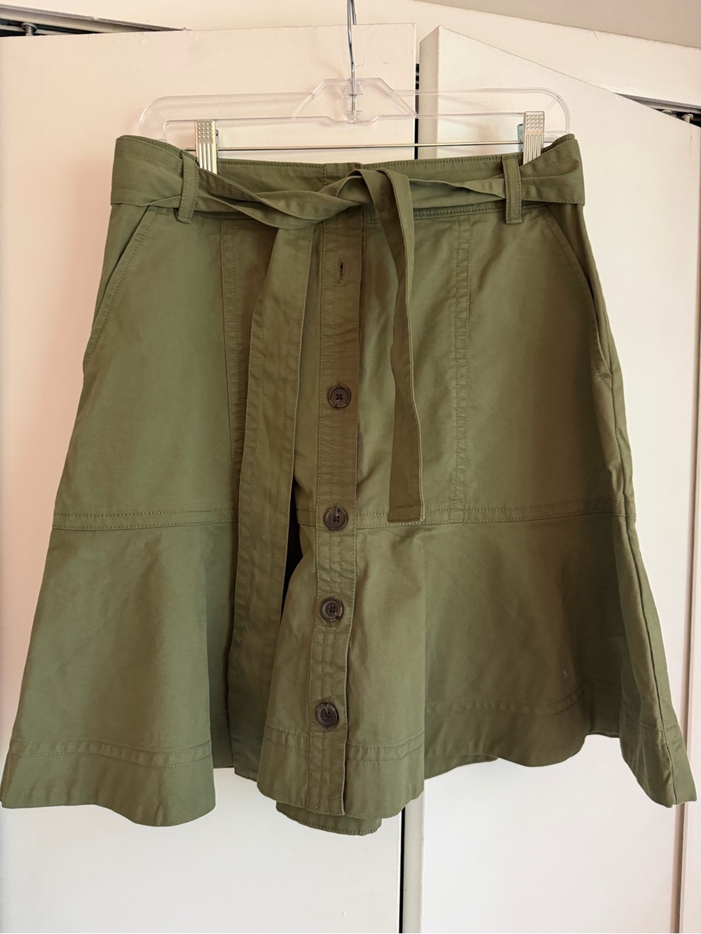 Banana Republic Olive Green Button-Front A-Line Skirt with Waist Tie